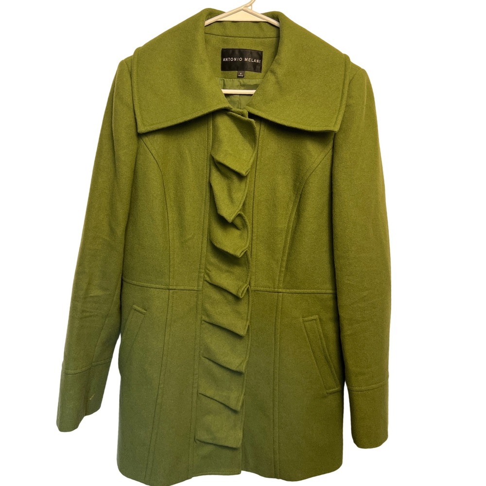 Antonio Melani Lime Green Wool Blend Ruffle Front Pea Coat Jacket Womens Size 8